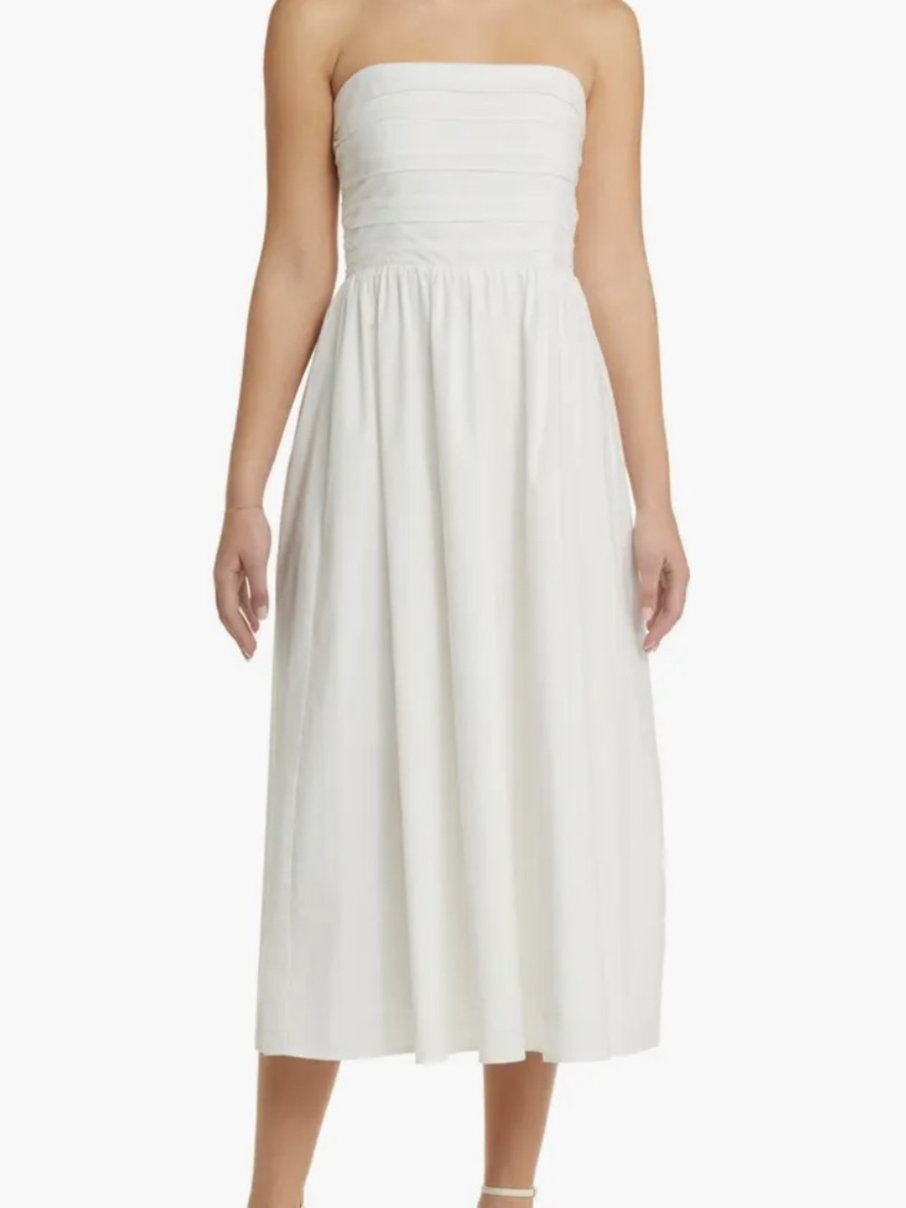 Wayf White Strapless Midi Dress with Ruched Bodice